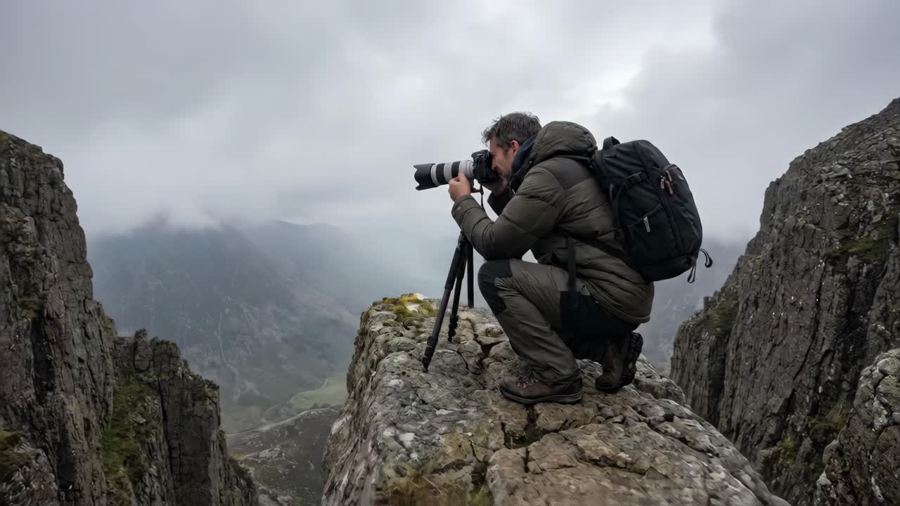 Professional Photographer Capturing Scenic Mountain Views on a Cliff ...