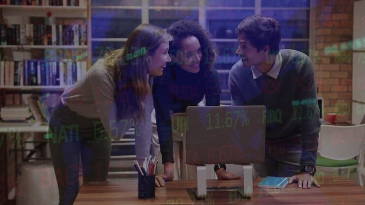 Animation of stock market data processing over three diverse colleagues discussing over laptop