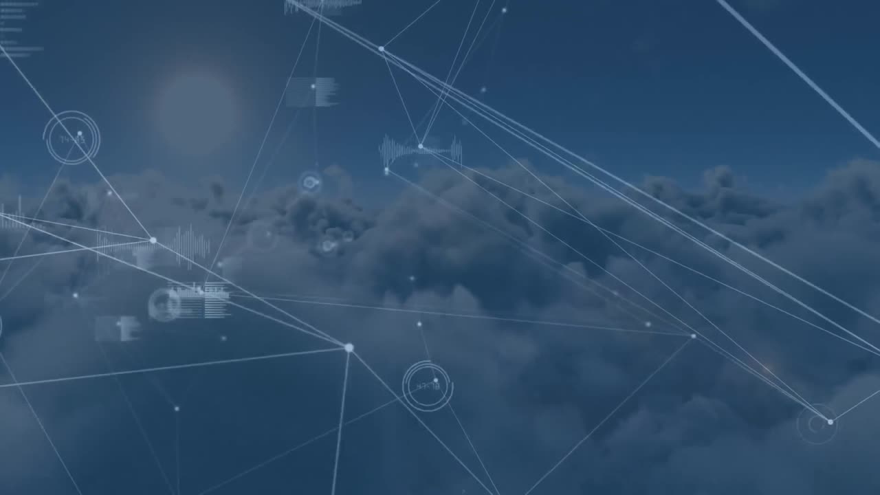 animación de la red de conexiones con el registro de estadísticas sobre nubes en el fondo