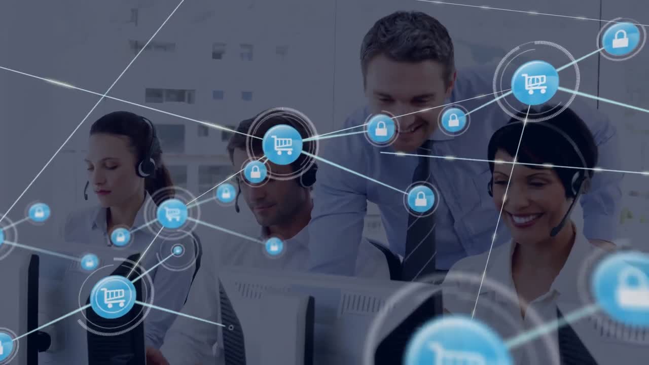 animación de la red de conexión con iconos sobre personas de negocios que usan auriculares de teléfono