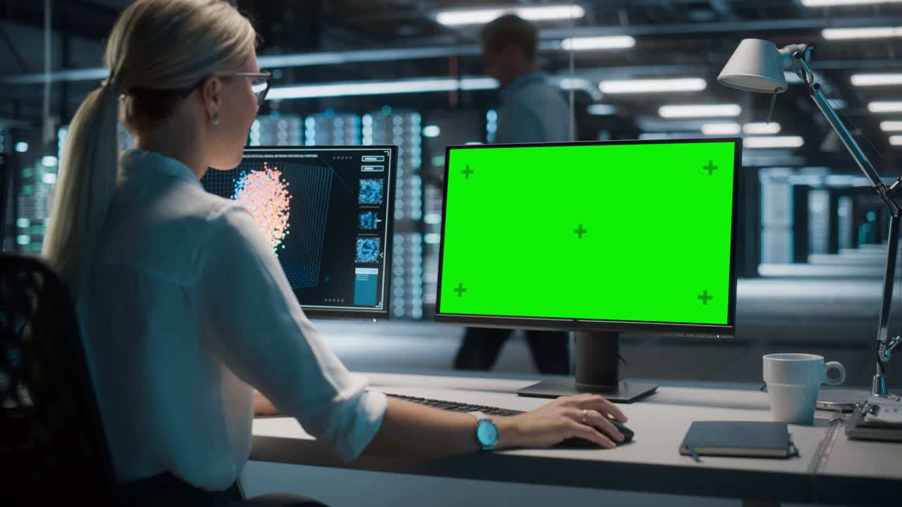 servidor de centro de datos de alta tecnología: mujer caucásica especialista en tecnología de la información que trabaja en pantalla verde computadora chroma key. monitoreo de servicios web, computación en la nube, instalación de análisis, mantenimiento de seguridad cibernética