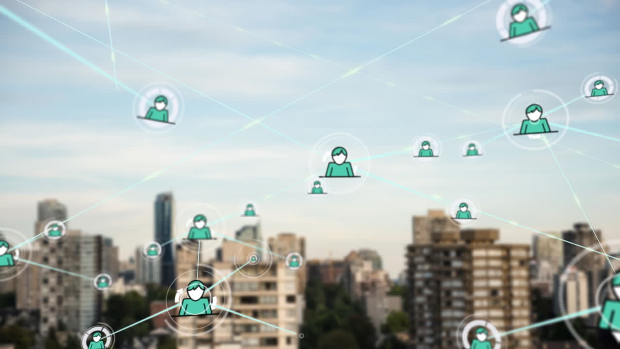 파란 하늘을 배경으로 높은 건물의 공중 전망 위에 프로필 아이콘 네트워크의 애니메이션