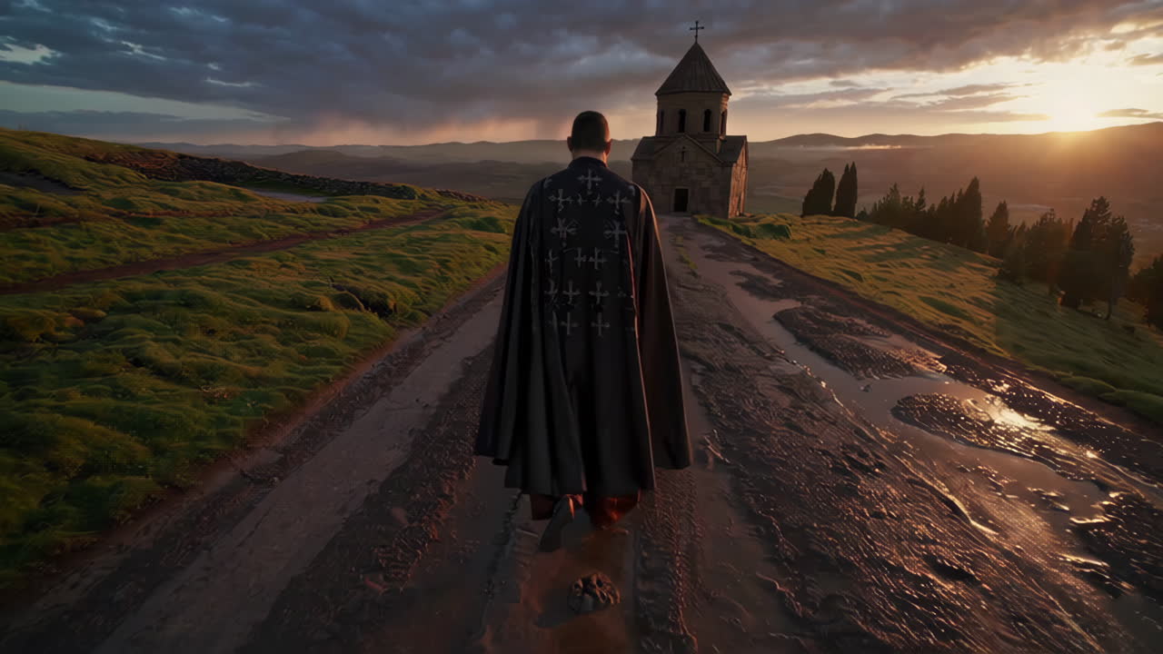Man in a Cloak Walking Towards a Mountaintop Church at Sunrise