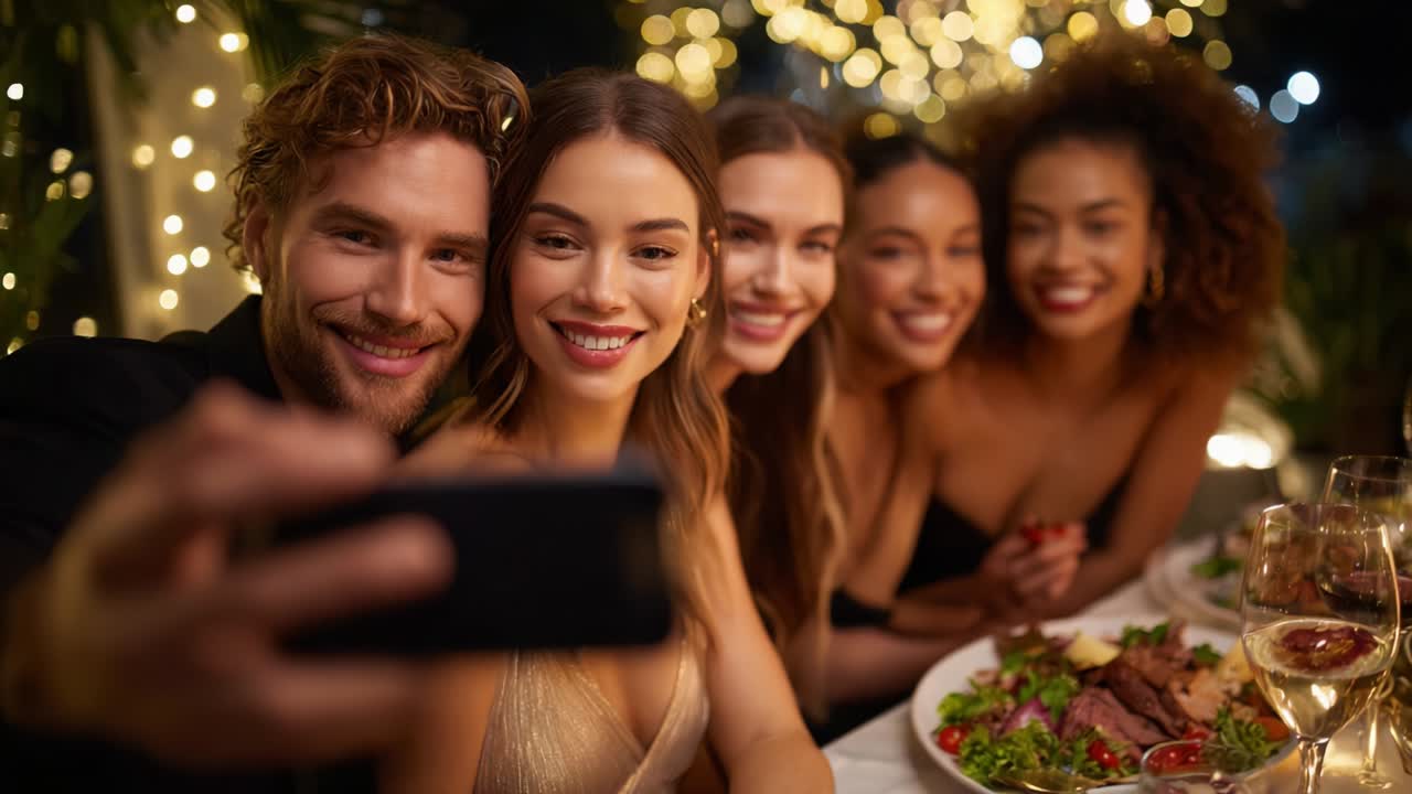 Una gioiosa riunione di amici che si godono una serata di festa, immortalando ricordi durante una cena elegante, con uno sfondo splendidamente decorato e scintillante di luci e cibo delizioso