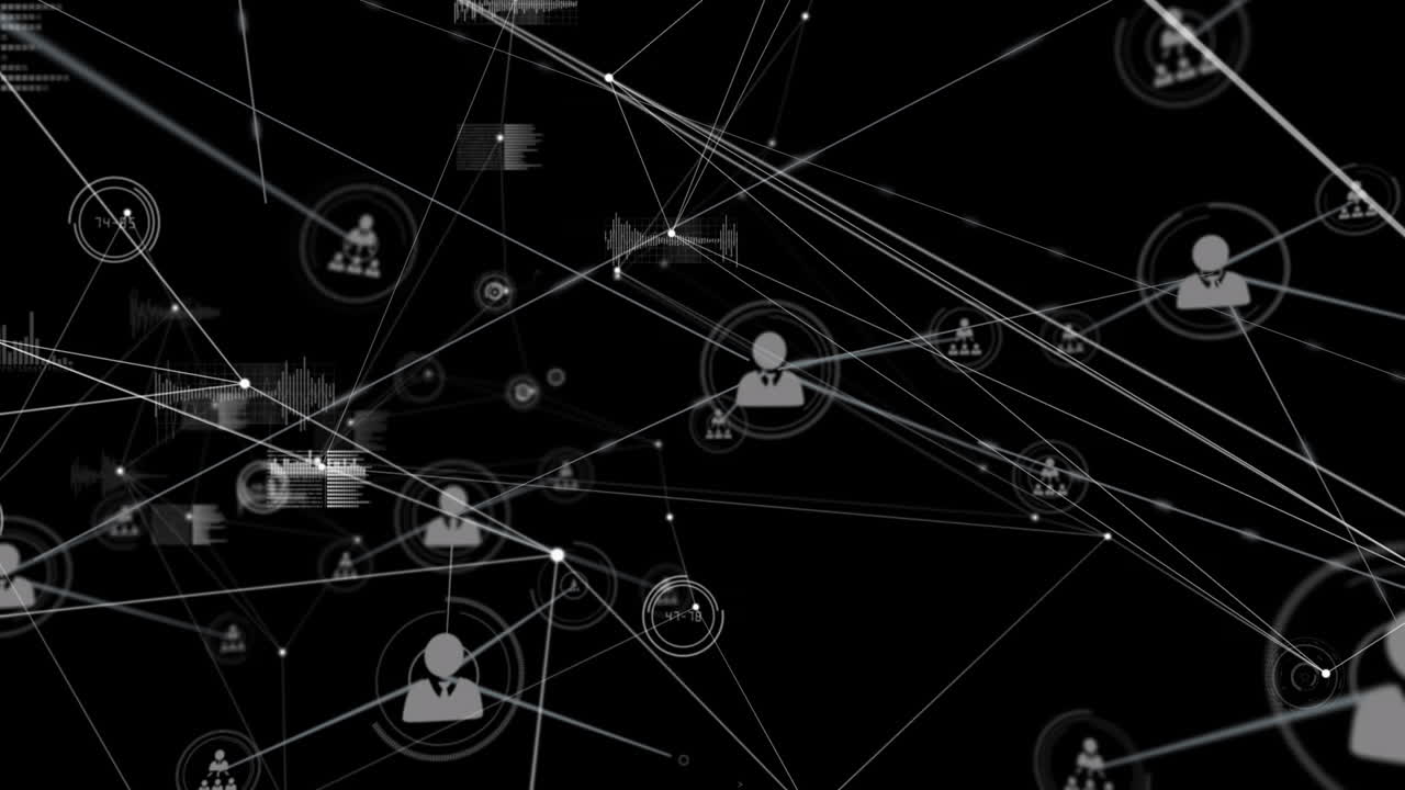 animación de la red de conexiones con iconos y procesamiento de datos sobre fondo negro