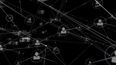 animation of network of connections with icons and data processing on black background