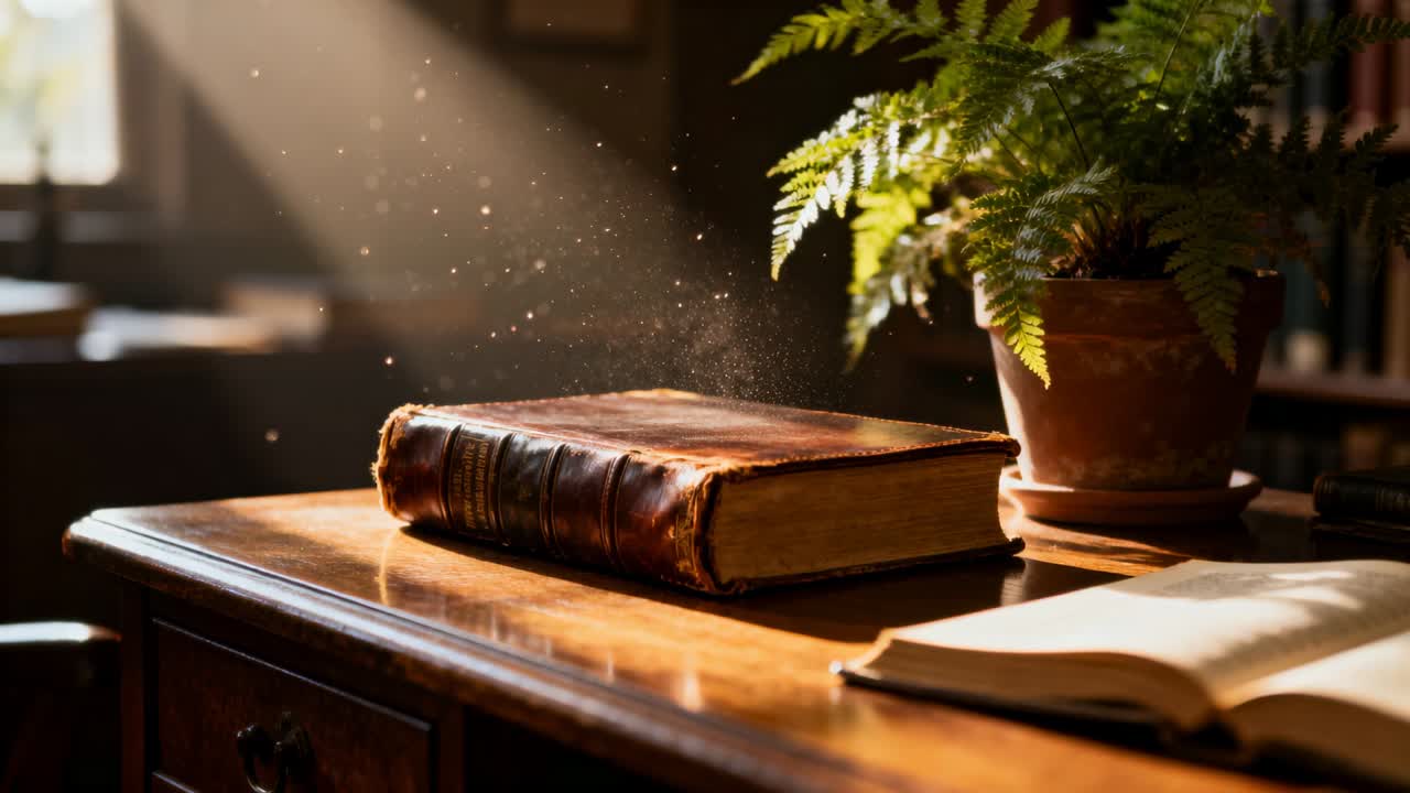 Un raggio di sole entra dalla finestra di sinistra illuminando un libro di pelle su una scrivania da studio, libro aperto, felce, polvere che fluttua