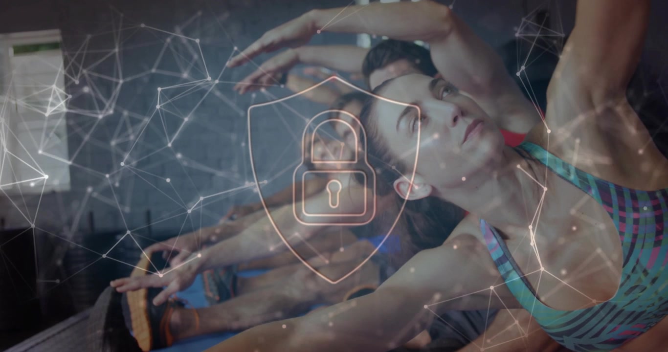 On fitness cue lead woman guiding side stretch on blue mats, cam zooming, padlock overlay tracking