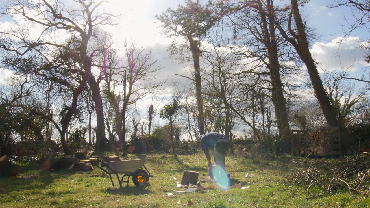 Wide angle timelapse of a man chopping wood as clouds pass by, showing time and hard work