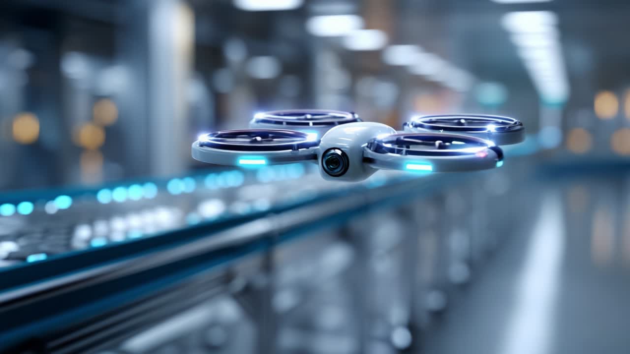 A sleek, modern drone equipped with advanced technology glides effortlessly through a high-tech environment, showcasing its design and capabilities as it navigates the illuminated space with precision and style