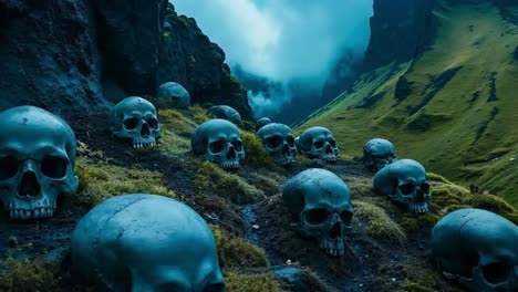 a group of blue skulls are scattered on a rocky hillside