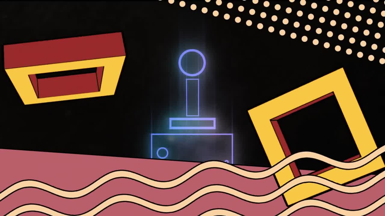 검은 바탕에 회전하는 사각형, 파동 및 추상적인 모양의 애니메이션