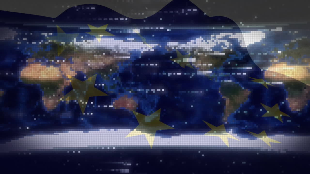 픽셀화 된 세계 지도 배경 위에 유럽 연합 별을 애니메이션화합니다.