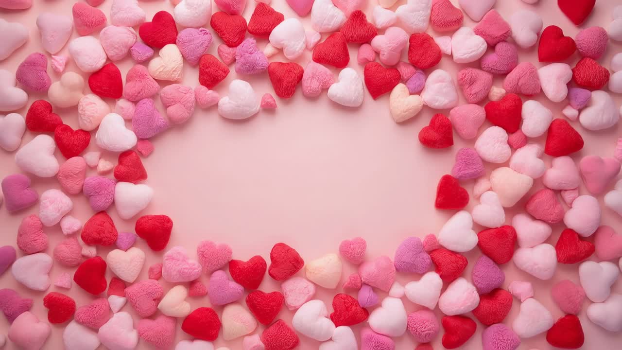 Sequenza in avanzamento, caramelle a forma di cuore che si spostano verso l'interno su sfondo rosa pallido, chiudendo l'ovale centrale
