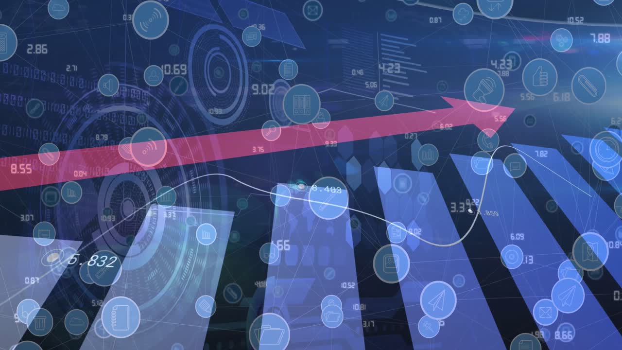 파란색 배경에 아이콘으로 연결 네트워크를 통해 데이터 처리의 애니메이션