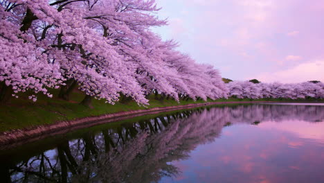 pink sunrise/sunset over water and cherry blossoms