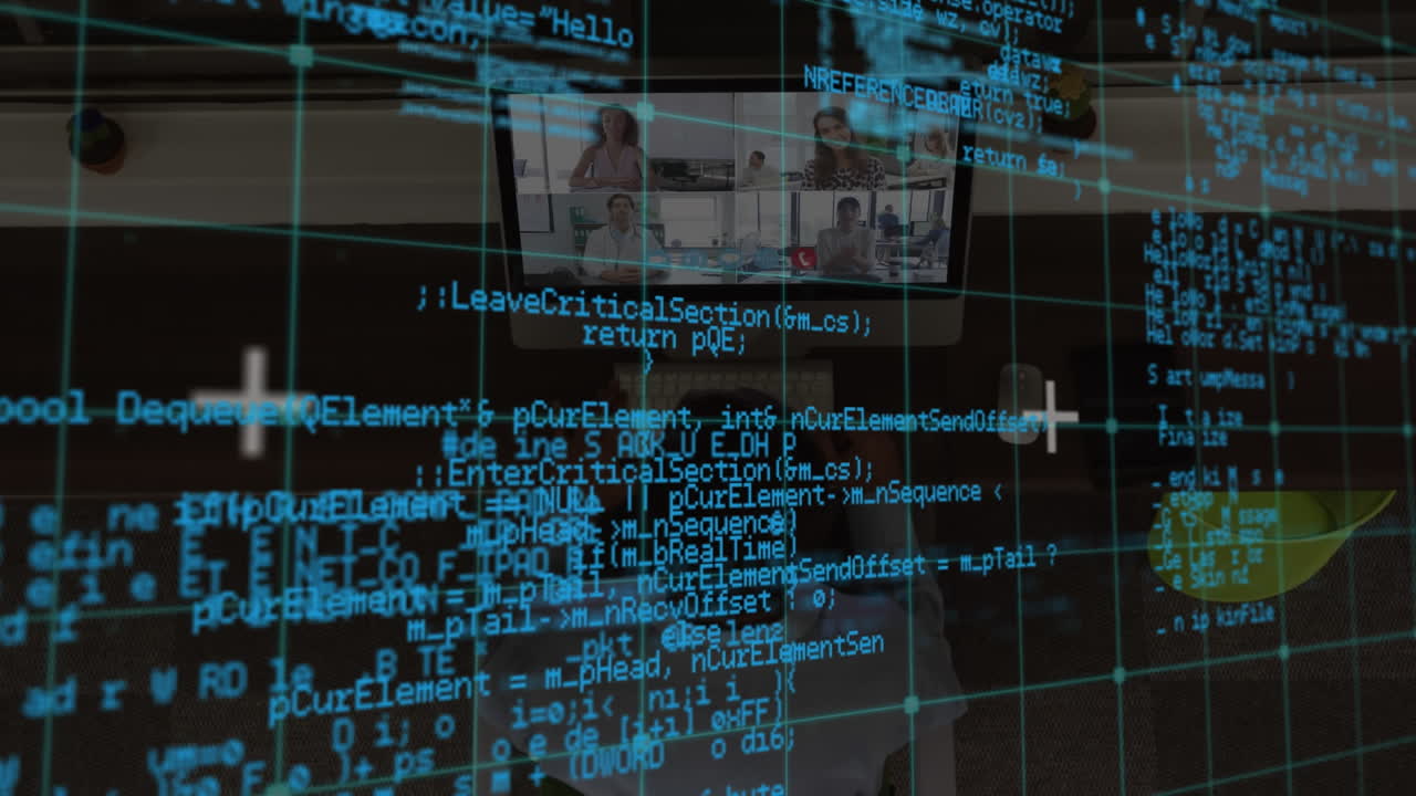 animazione dell'elaborazione dei dati su un uomo d'affari afroamericano che fa una videochiamata con i colleghi