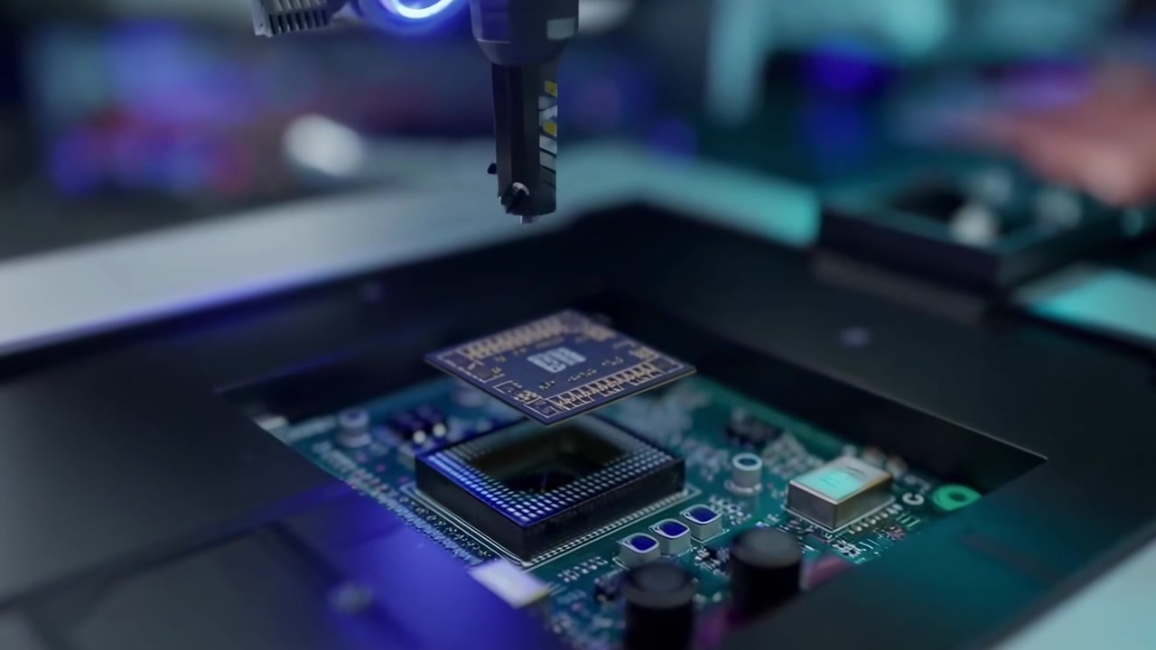 Robotic Arm Precisely Placing Microchip on Circuit Board in High-Tech Factory