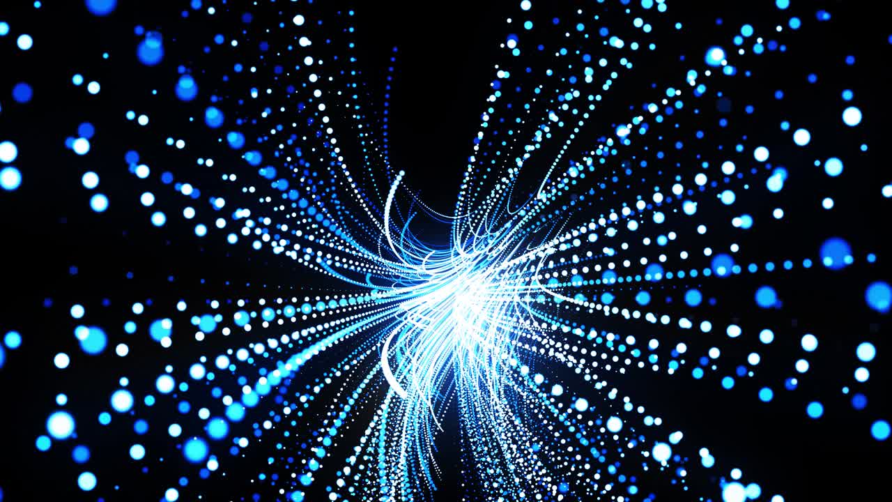 abstract 3d loop background with glowing particles lined up in curved lines in 3d space. Festive vj loop with blue particles and smooth animated camera. Motion design background