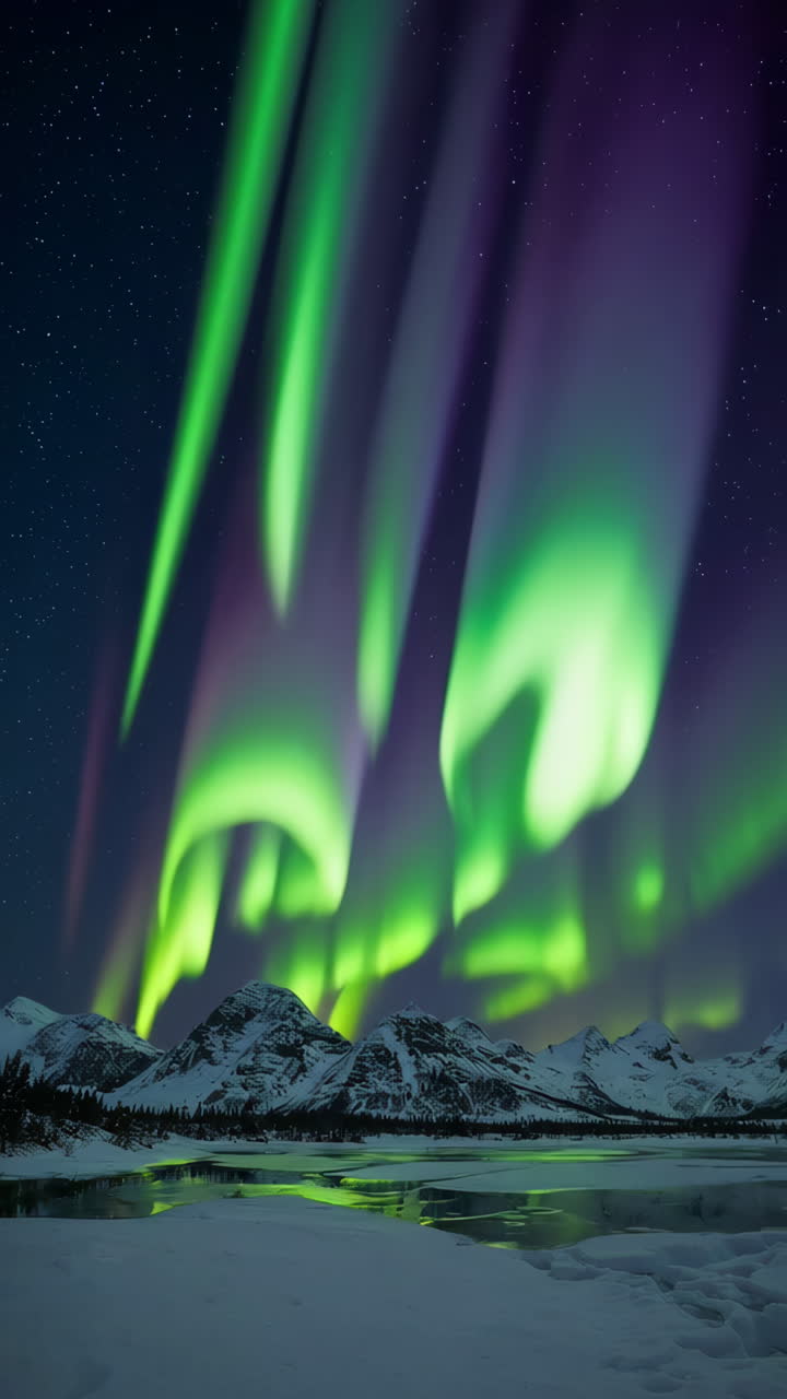 Vibrant Aurora Borealis Over Snow-Capped Mountains and Frozen Lake