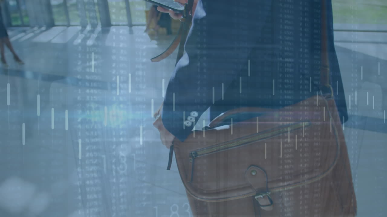 Animation of data processing against mid section of businessman using smartphone at office