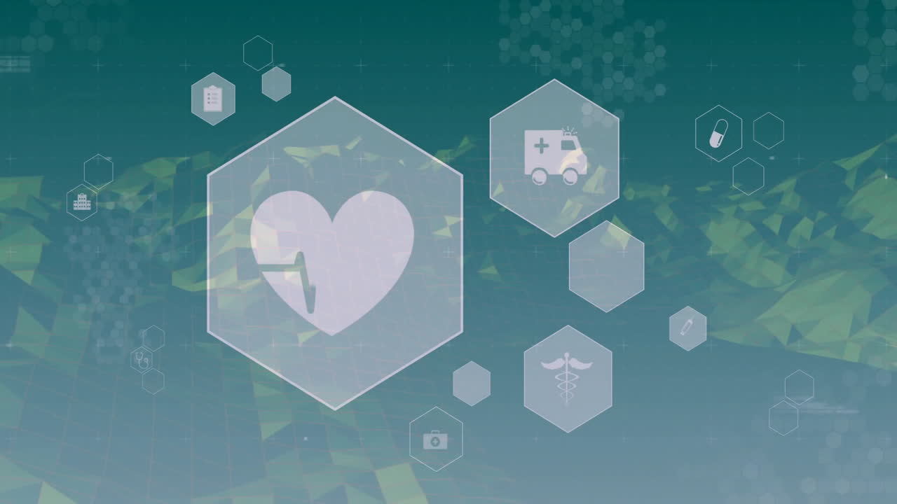 Large translucent hexagon featuring white ECG heart line floating over teal scene with health icons