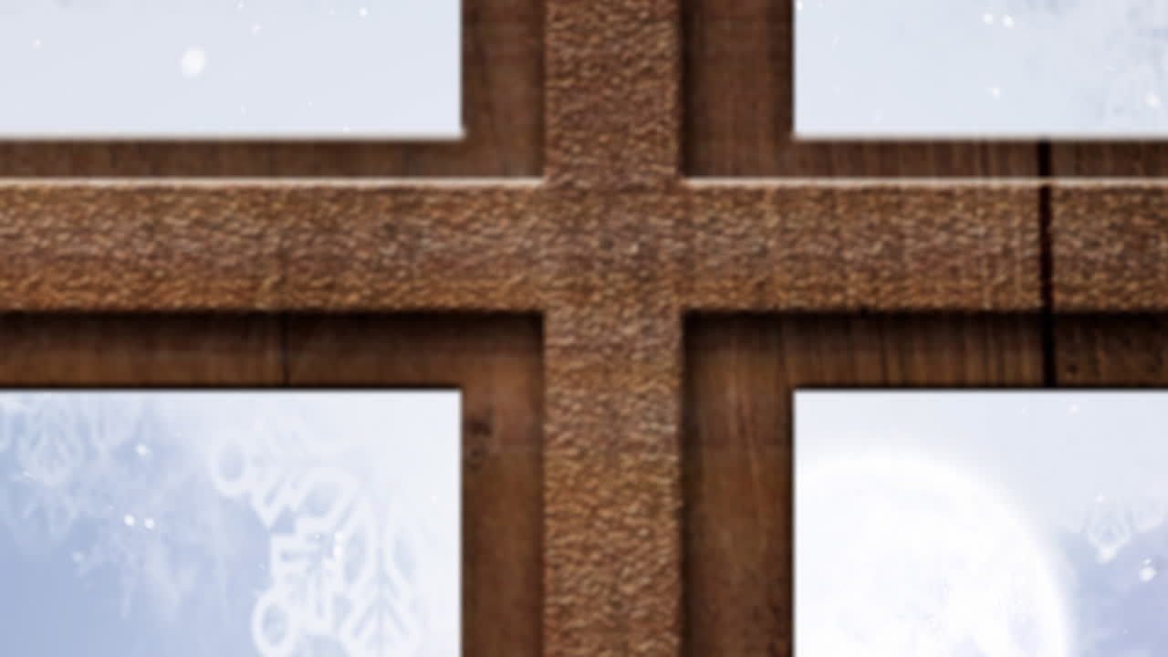 산타클로스가  ⁇ 매를 타고 렌더와 함께 창문을 통해 보이는 애니메이션