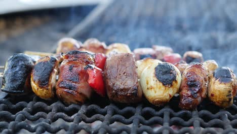 primer plano de carne y verduras pegadas en un pincho de metal