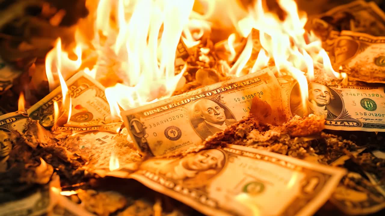 A pile of burning money on fire
