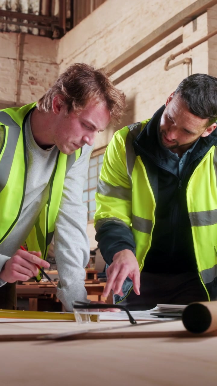 Two Construction Workers Reviewing Blueprints in a Workshop