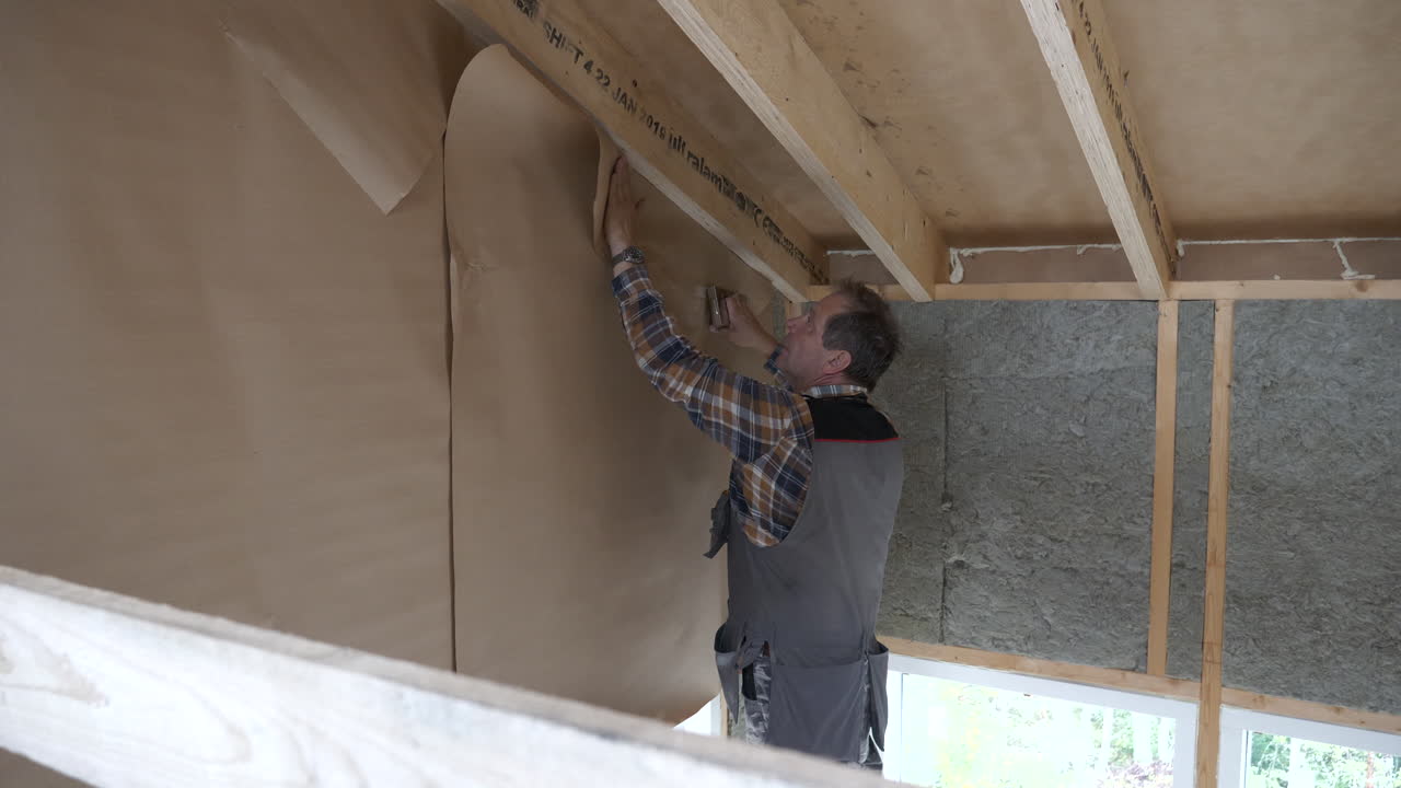 Carpenter contractor working on insulated wall, indoors