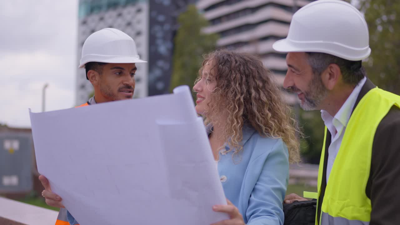 Construction workers reviewing blueprints at a construction site