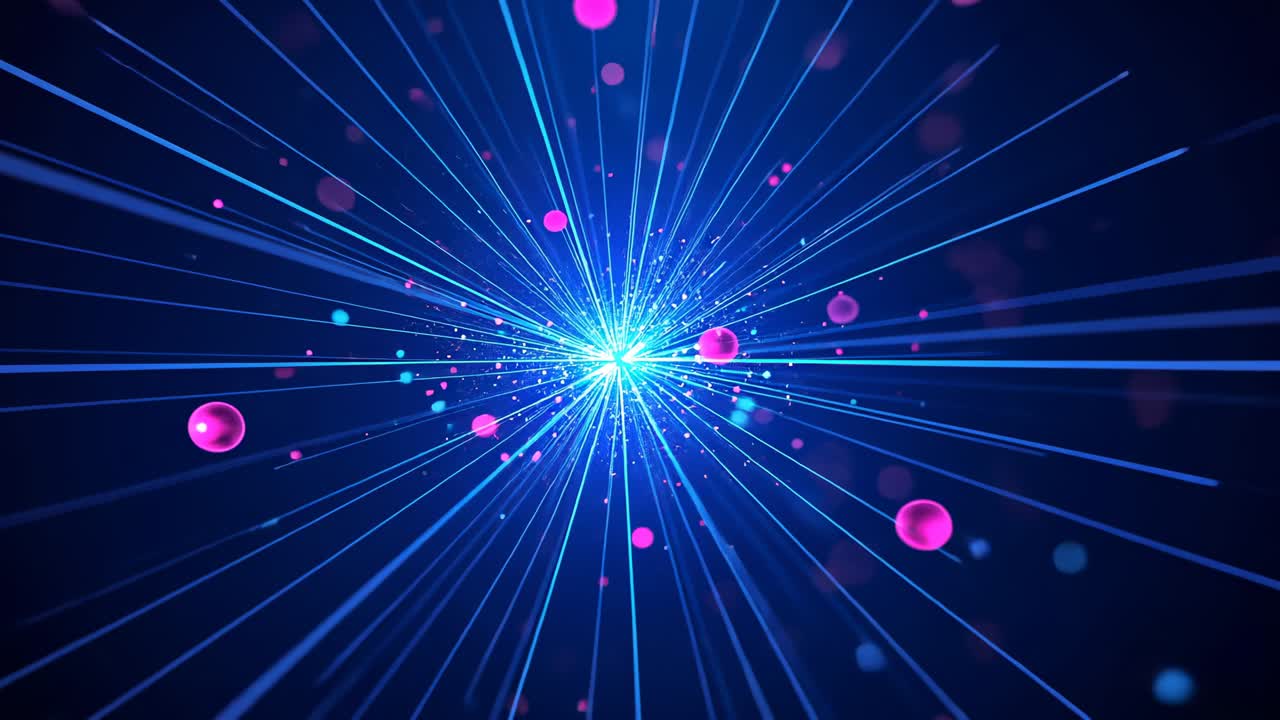 Emerging bright cyan core launching radial lines and drifting magenta spheres in digital void