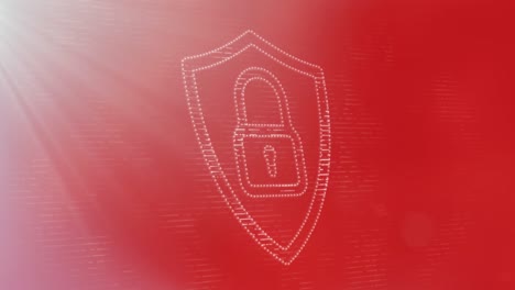 Animation-of-padlock-and-shield-with-lines-moving-against-red-background