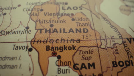 close-up of a world map focusing on thailand and surrounding areas