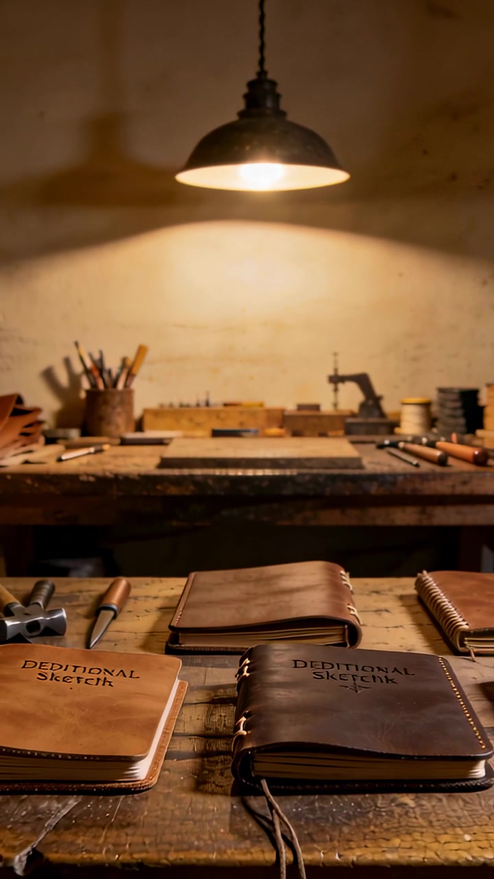 Vertical video: Camera pulling back revealing two leather sketchbooks on bench, showing tools