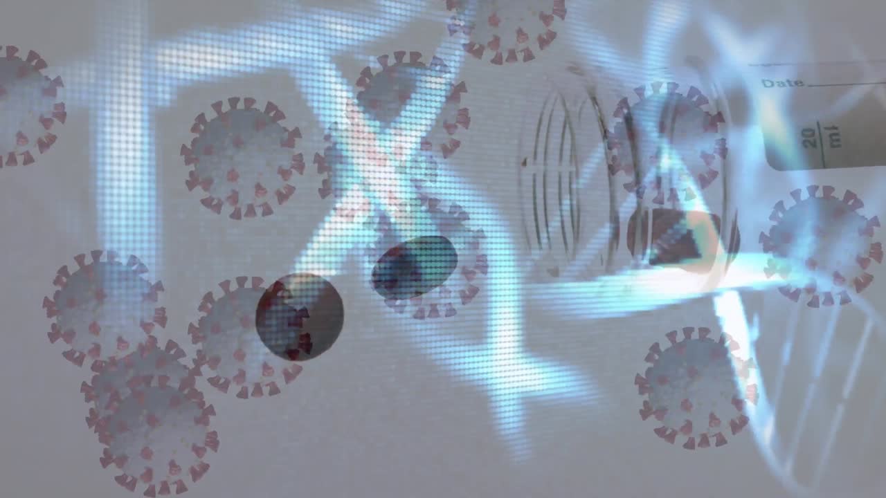 dna 구조가 회전하고 코로나19 세포가 병에서 떨어지는 알약에 맞서 움직입니다.