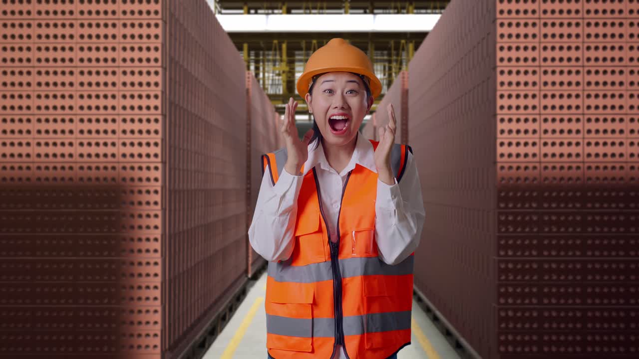Asian Female Engineer With Safety Helmet Smiling To Camera And Saying Wow While Standing With Red Brick Packed in Stacks Are Stored