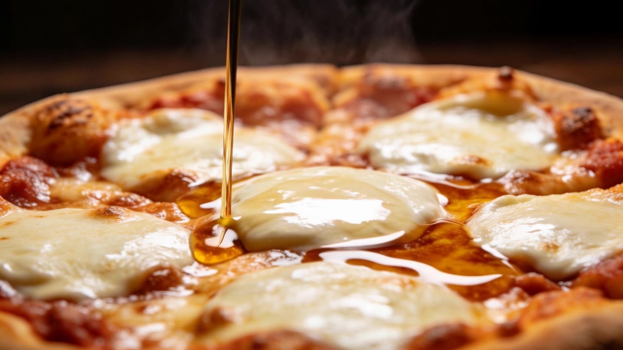 Hellende flaske heller olje over dampende pizza på bordet, dekker mozzarellakuler og tilfører smak.