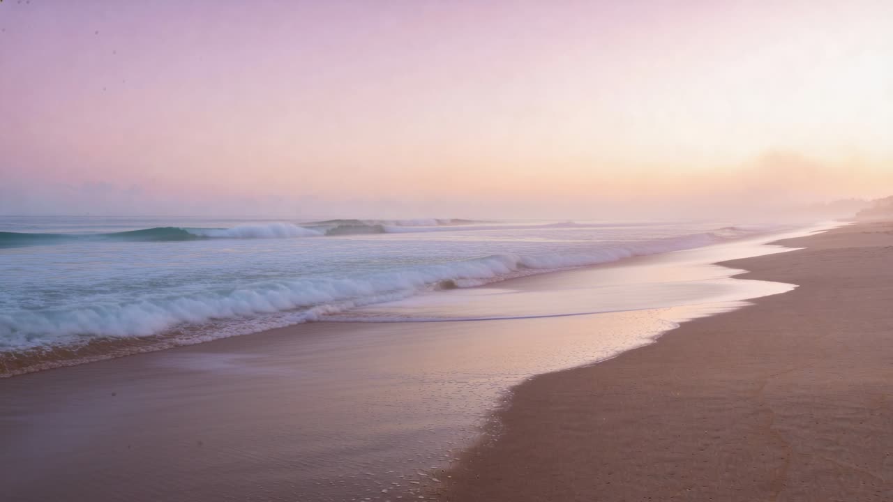 Rolling waves forming, curling, breaking, washing over wet sand at sunrise, swell building offshore