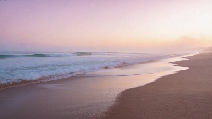 Rolling waves forming, curling, breaking, washing over wet sand at sunrise, swell building offshore