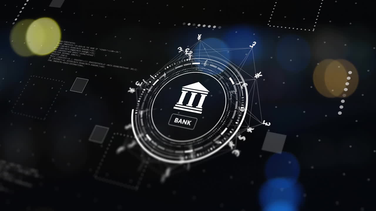 검은색 배경에 은행 및 통화 아이콘과 데이터 처리를 가진 지구상의 애니메이션