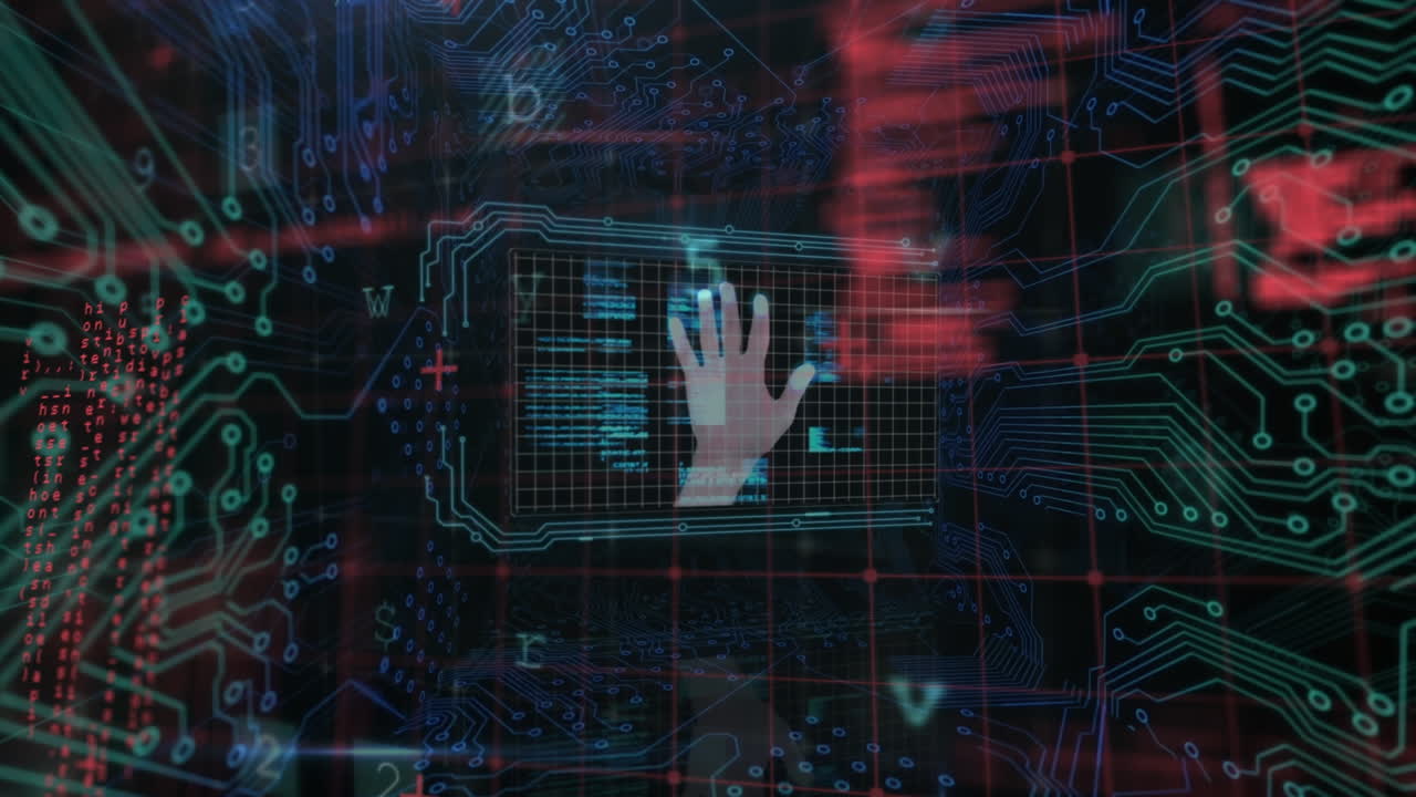 animación del procesamiento de datos, advertencia de ataque cibernético sobre una placa de circuito de computadora con fondo negro