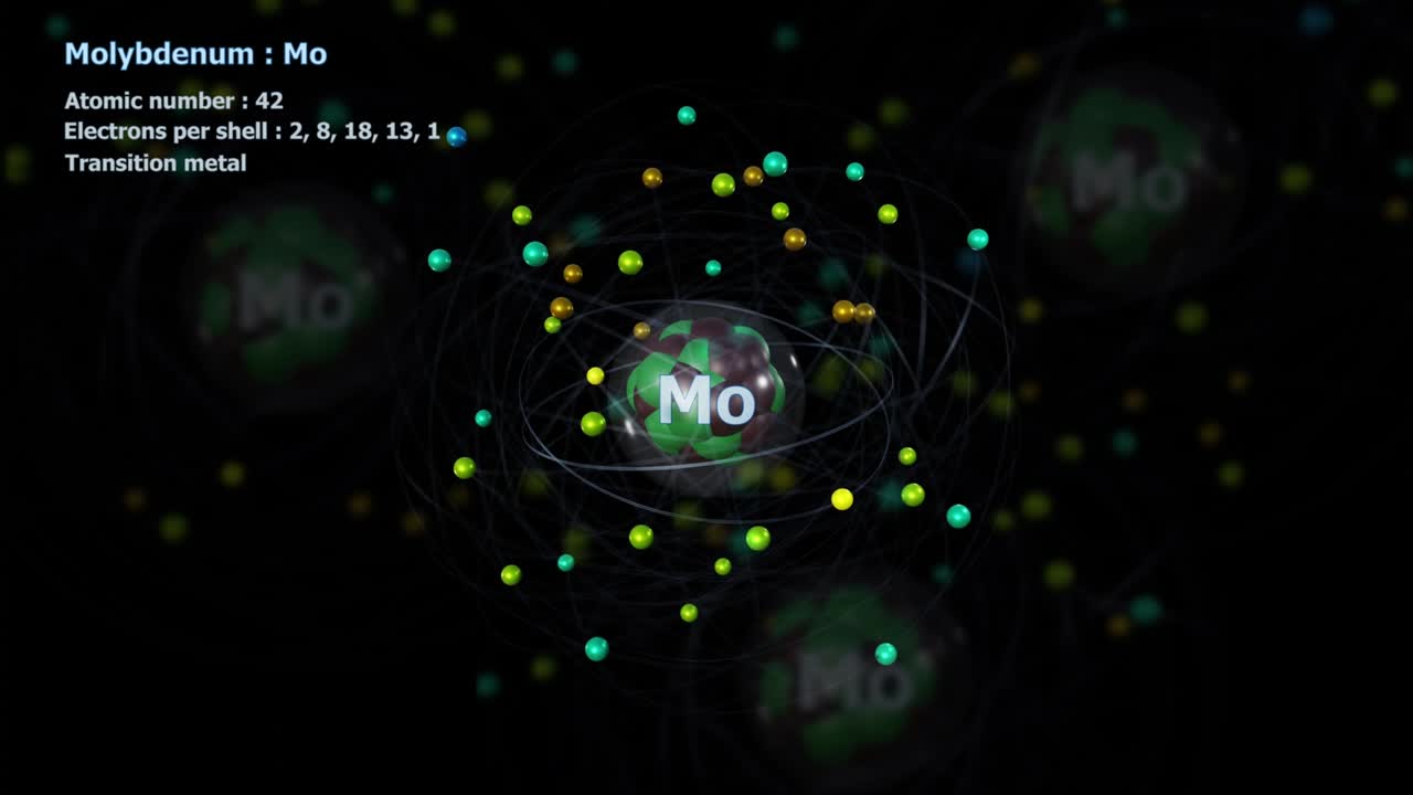42개의 전자가 다른 원자들과 무한한 도 회전을 하는 몰리브덴 원자