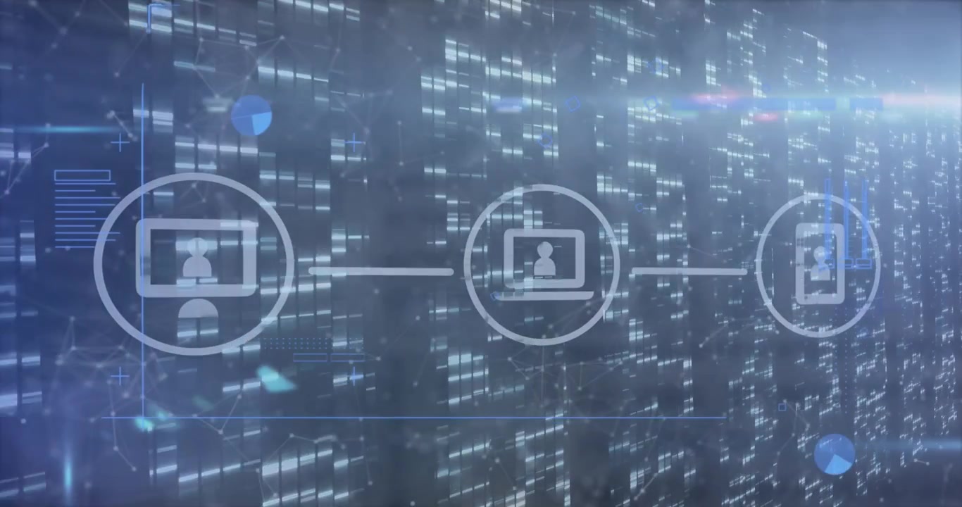 Animation of financial data processing over icons and moving columns on black background