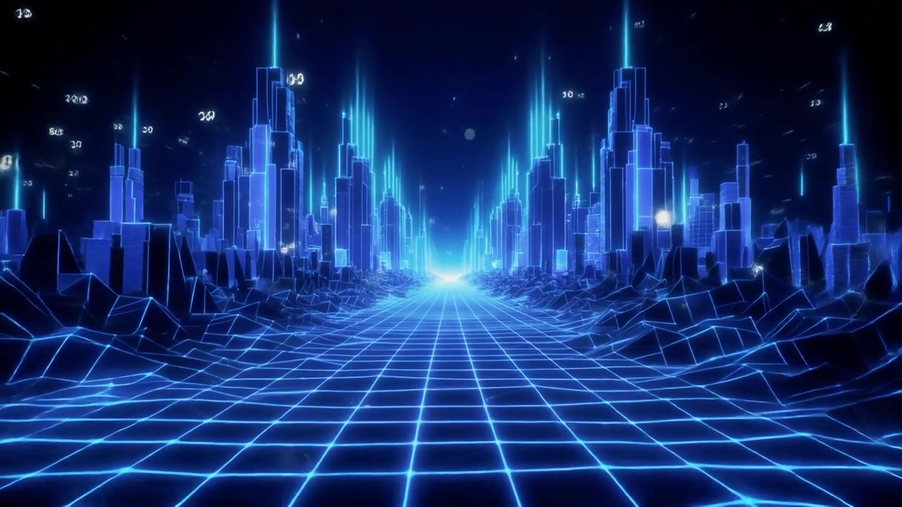 Futuristic Digital Cityscape with Glowing Data Streams and Grid Floor