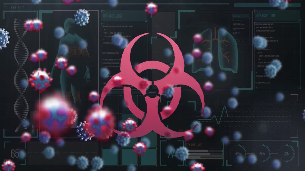 animación de células macro covid-19 flotando sobre un fondo negro con un signo de virus rojo