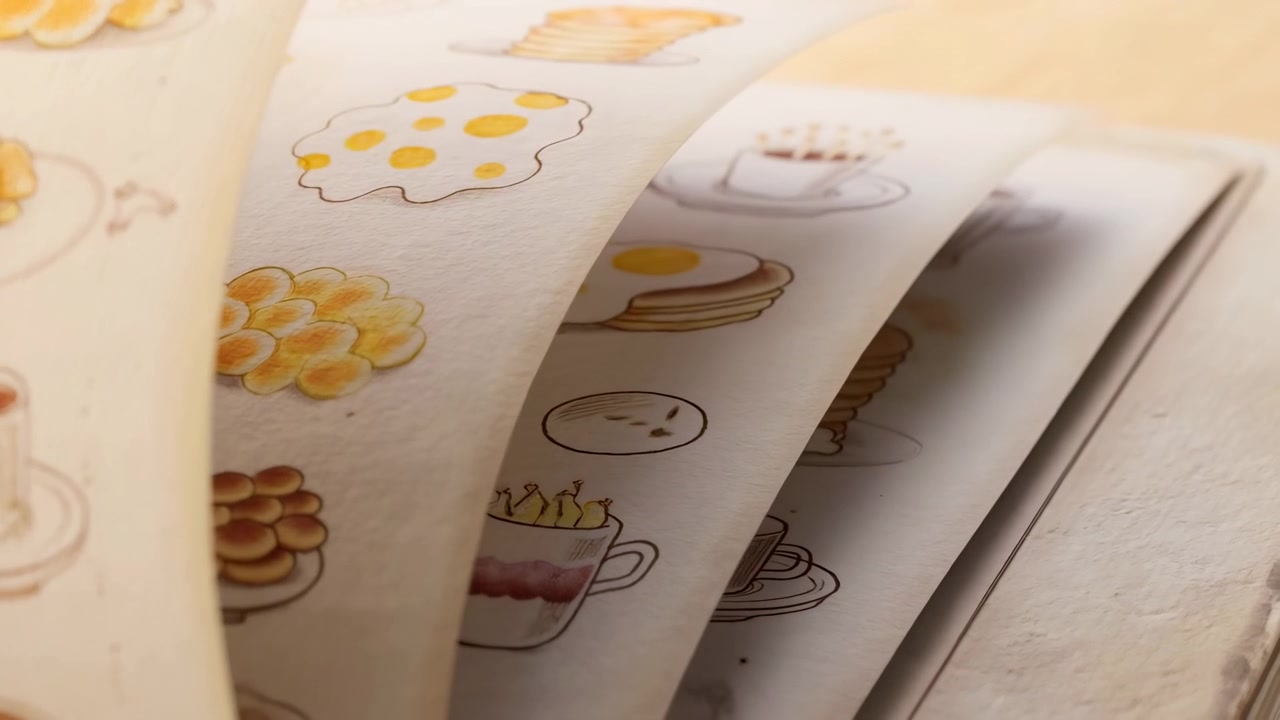 Sequential fan of illustrated sketchbook pages showing breakfast-themed watercolor and ink drawings on textured cream paper