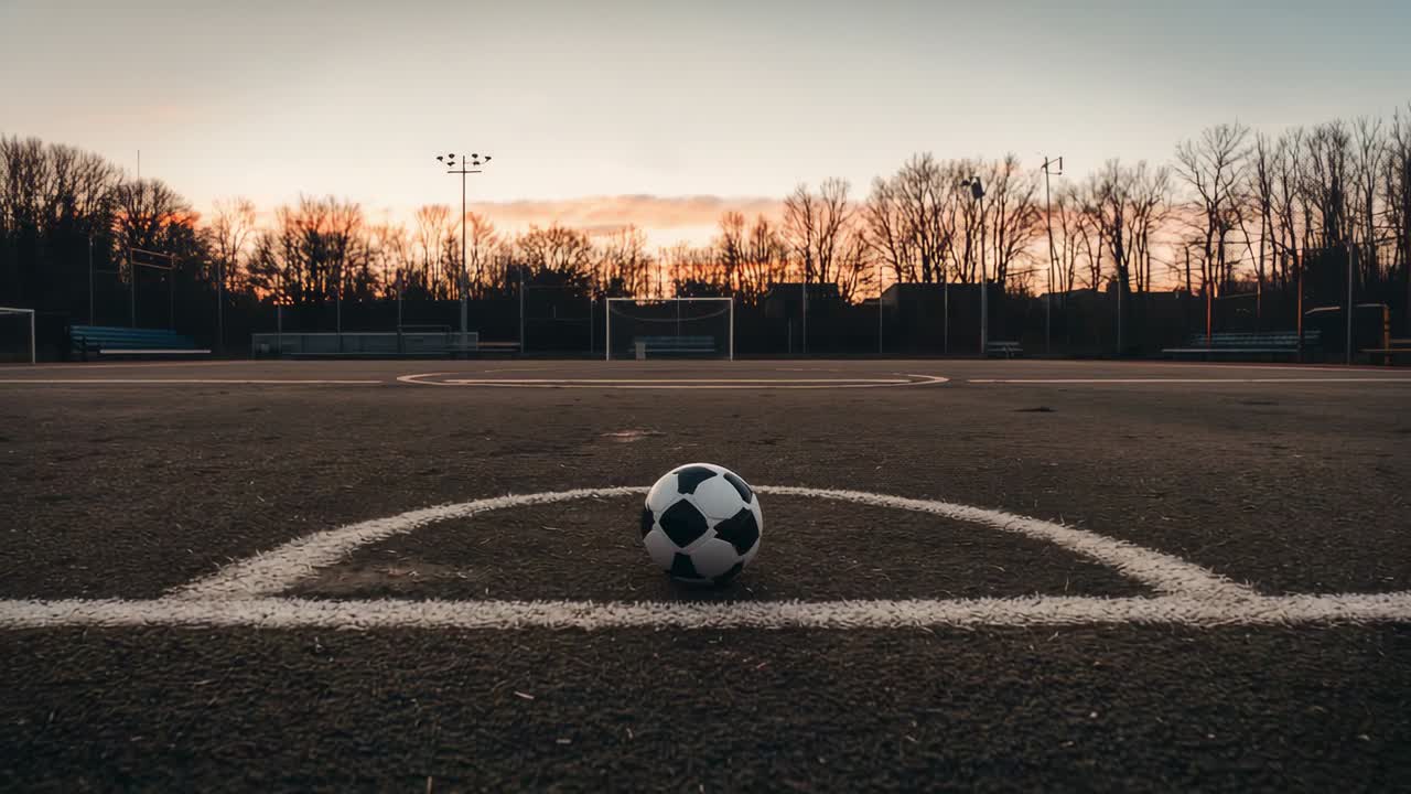 Kamera geri çekilirken, gün batımında beyaz boyalı yay üzerinde ortalanmış futbol topu, kaleleri gözler önüne seriyor.