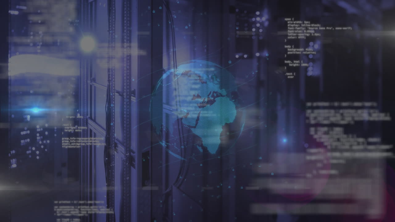 In server room, digital globe and coding animation displaying technology concept